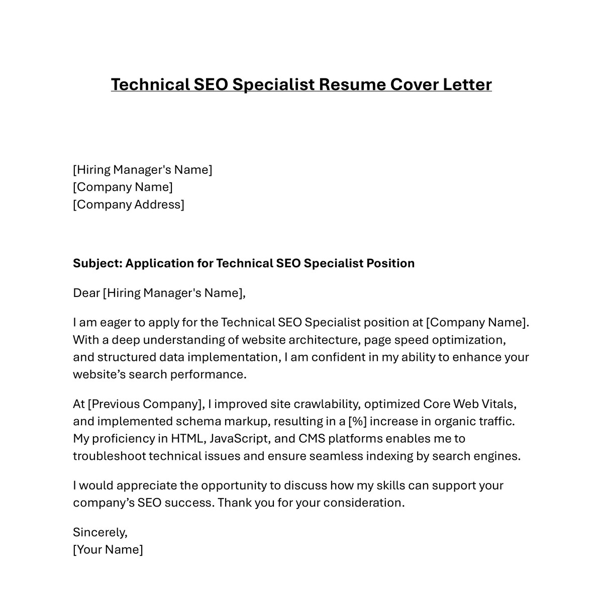 Technical SEO Specialist Resume Cover Letter