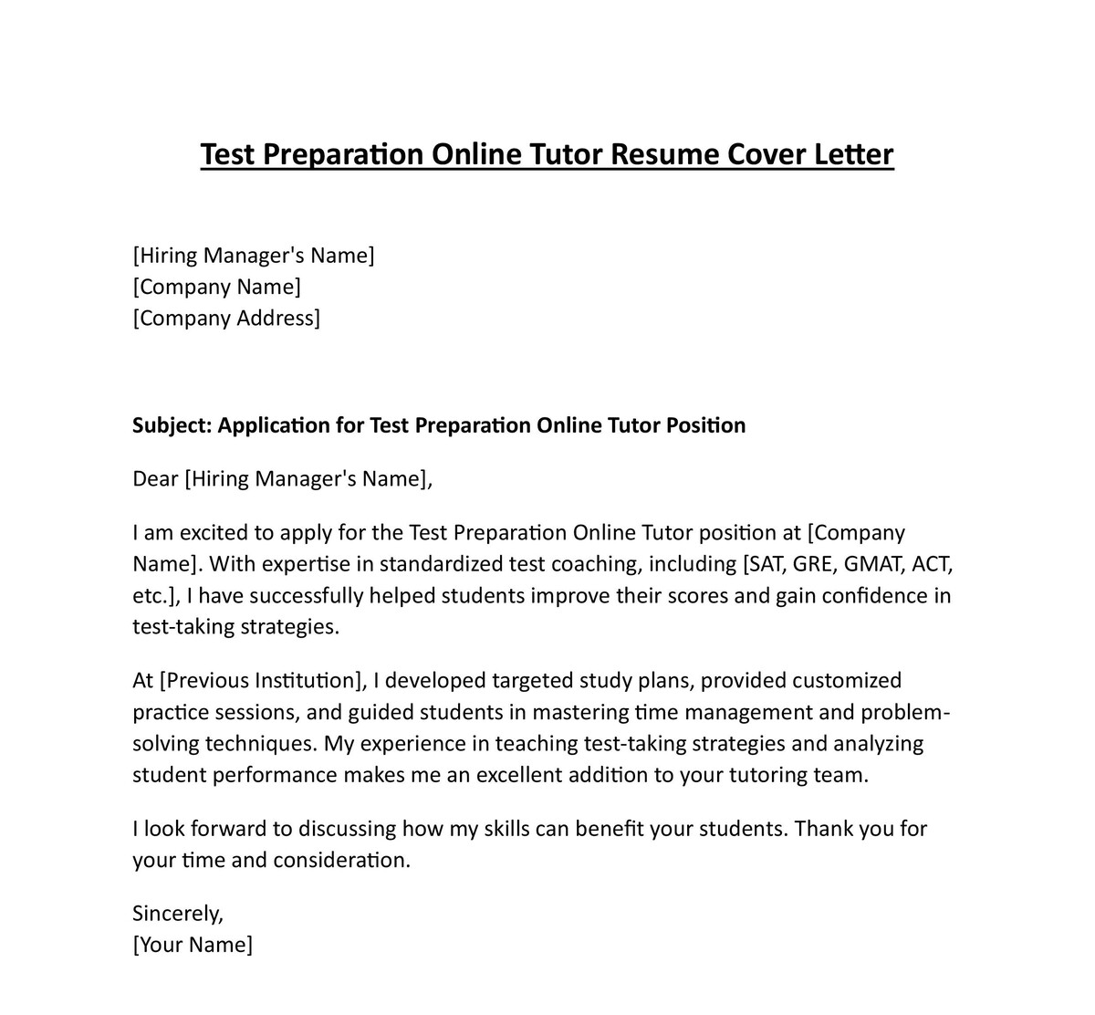 Test Preparation Online Tutor Resume Cover Letter