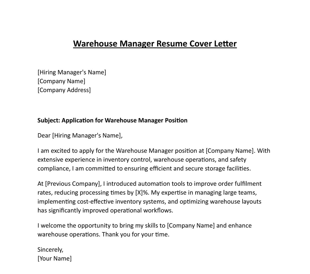 Warehouse Manager Resume Cover Letter