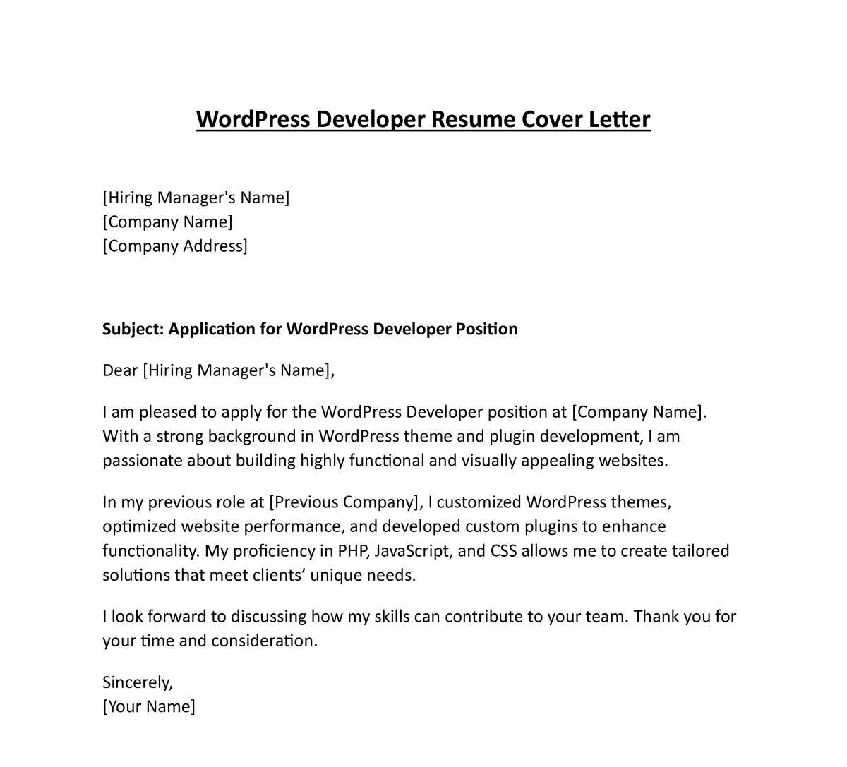 WordPress Developer Resume Cover Letter