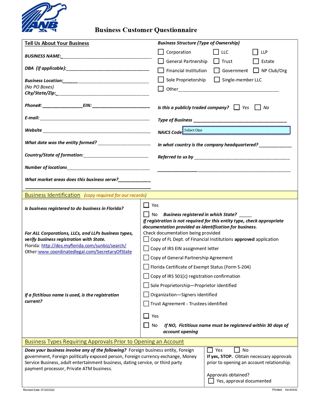 ANB American National Bank - Business Customer Questionnaire Form in PDF-1