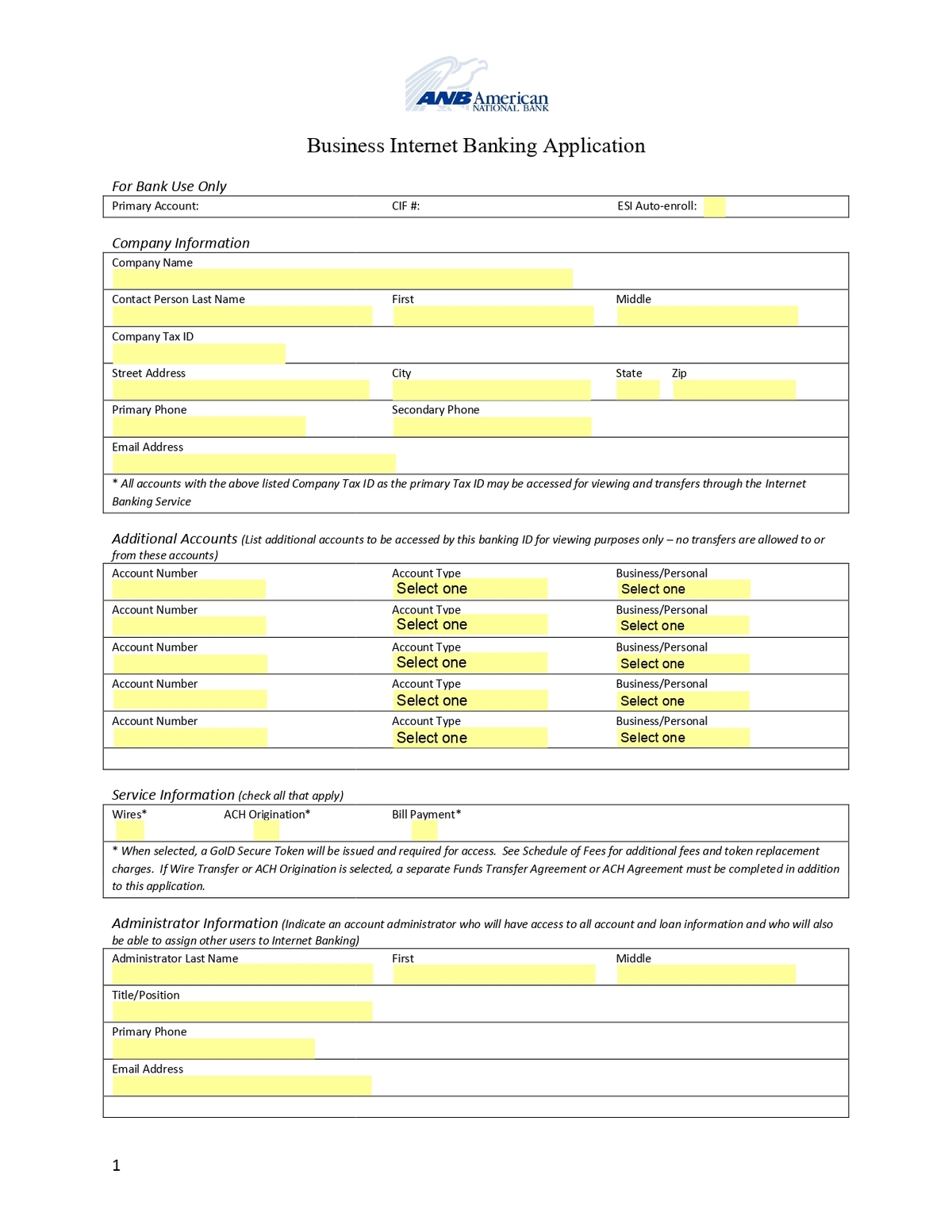 ANB American National Bank - Business Internet Banking Application Form in PDF-1