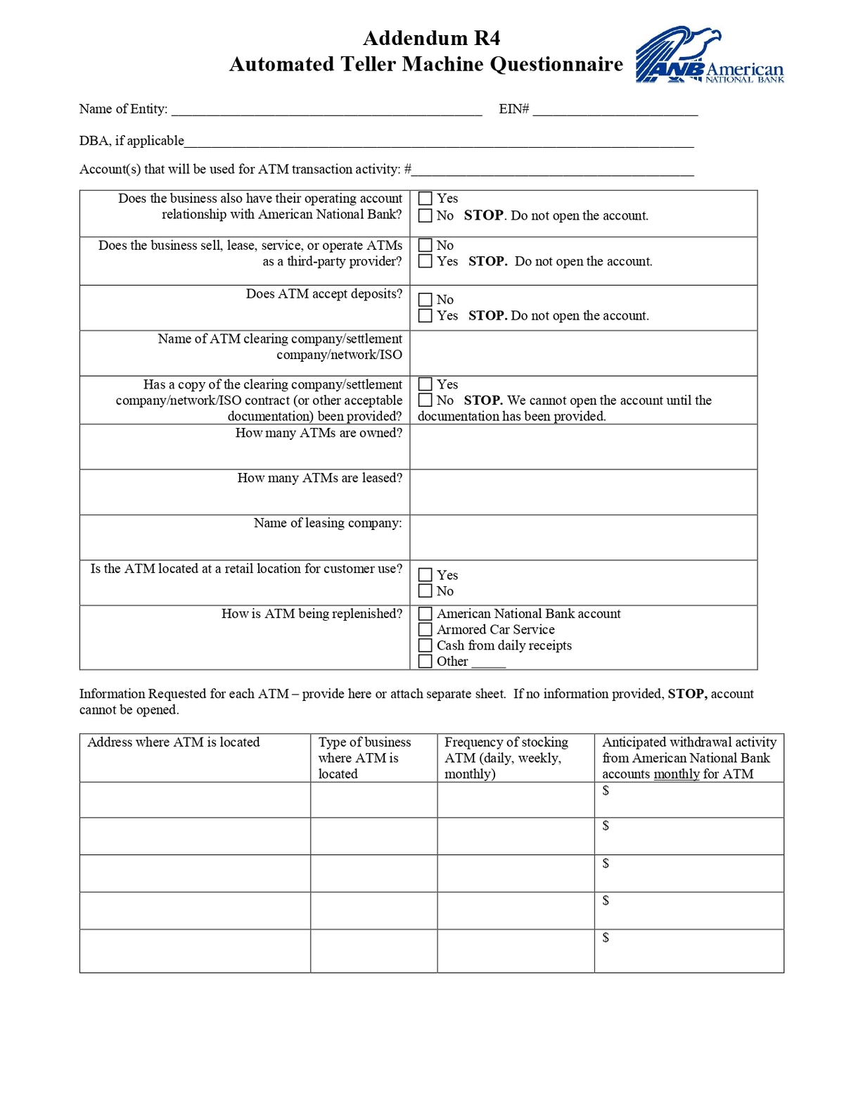 ANB American National Bank - Commercial ATM Addendum Form in PDF