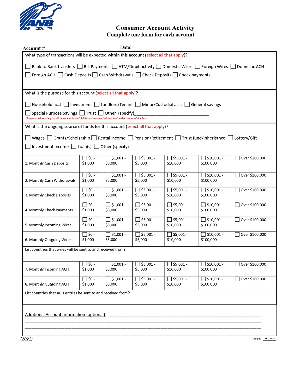 ANB American National Bank - Consumer Account Activity Form in PDF