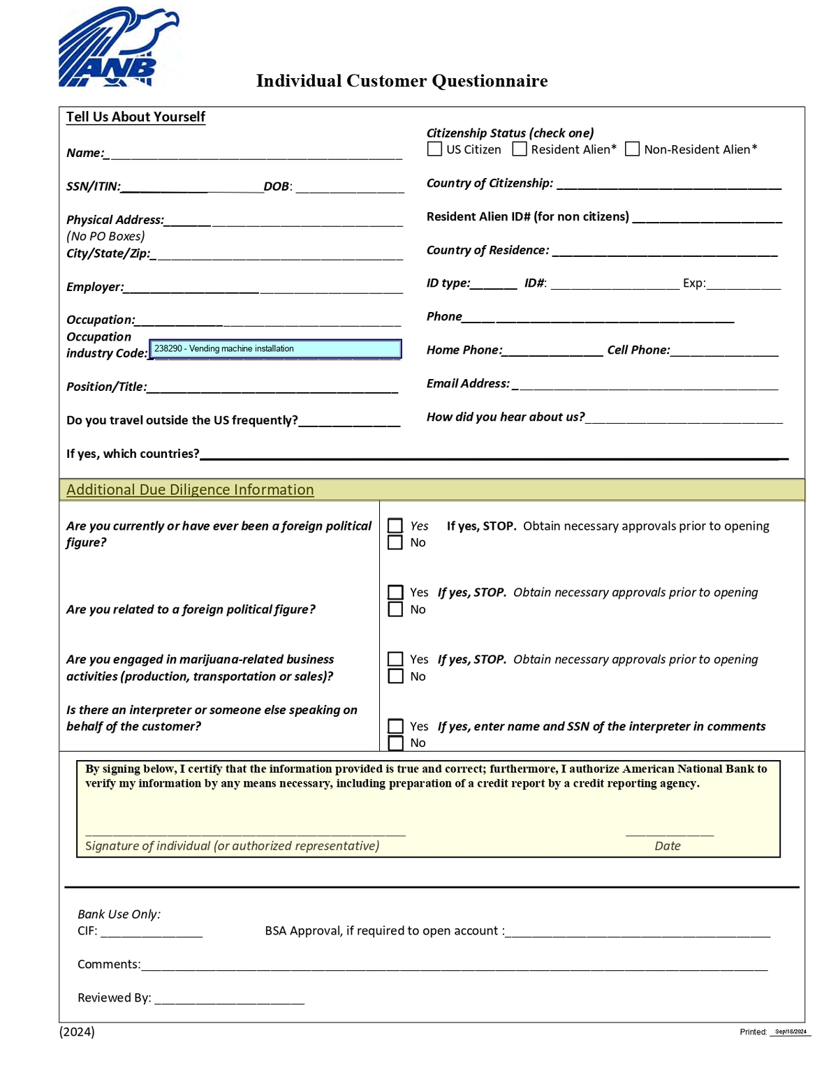 ANB American National Bank - Individual Customer Questionnaire Form in PDF