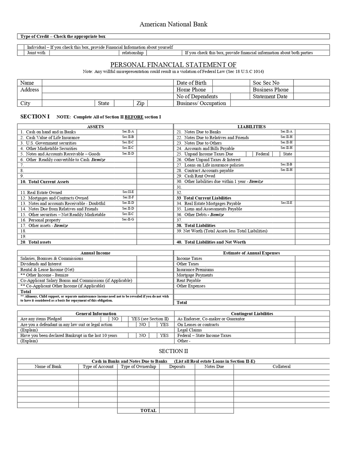 ANB American National Bank - Personal Financial Statement Form in PDF