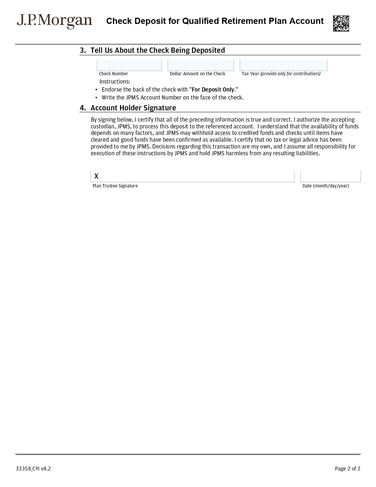 J.P Morgan - Check Deposit for Qualified Retirement Account Application Form in PDF Download