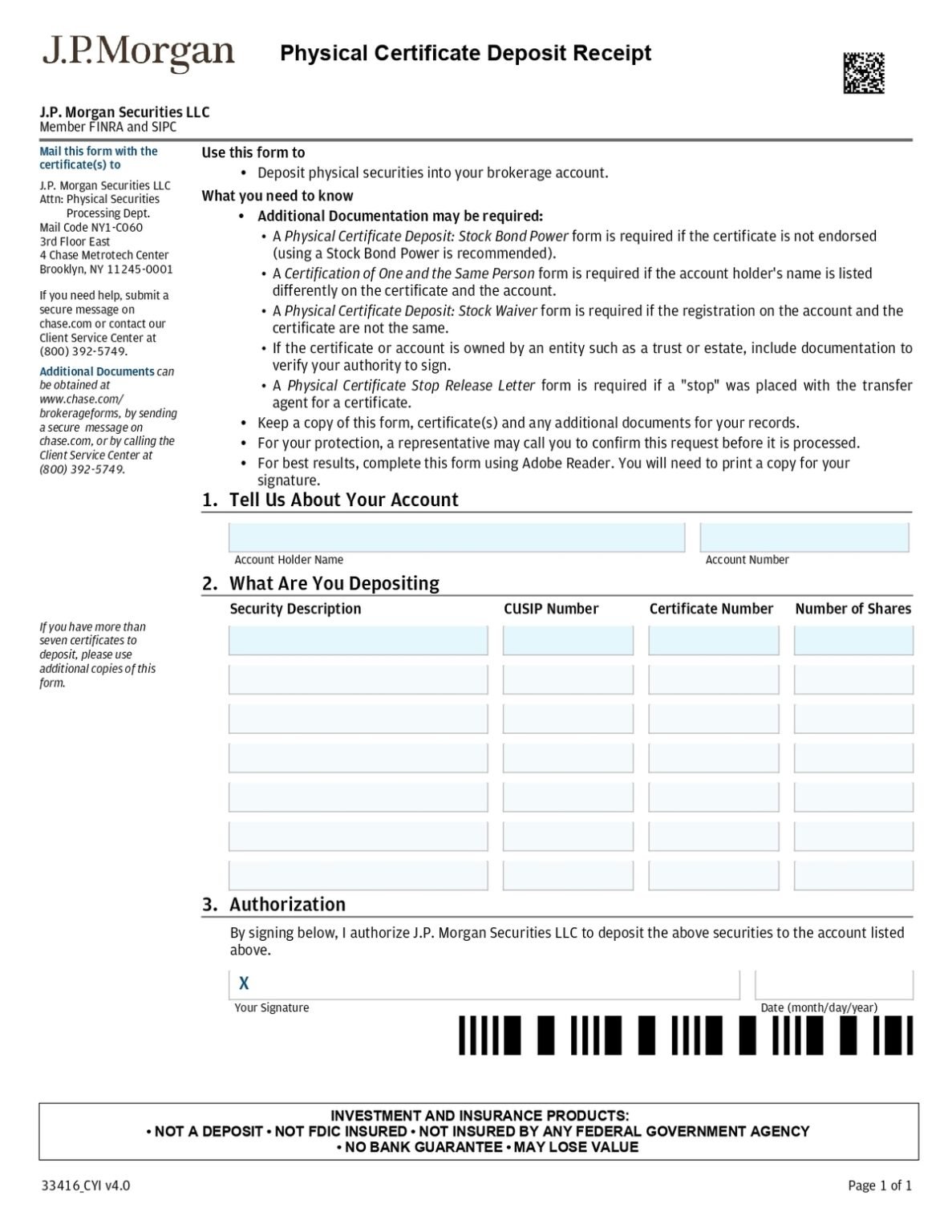 J.P Morgan - Physical Security Deposit Application Form in PDF Download