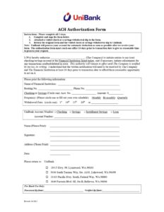 UniBank - ACH Authorization Form in PDF Download