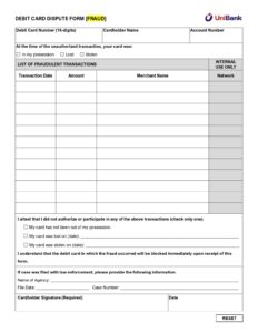 UniBank - Debit Card Dispute (Fraud) Form in PDF Download