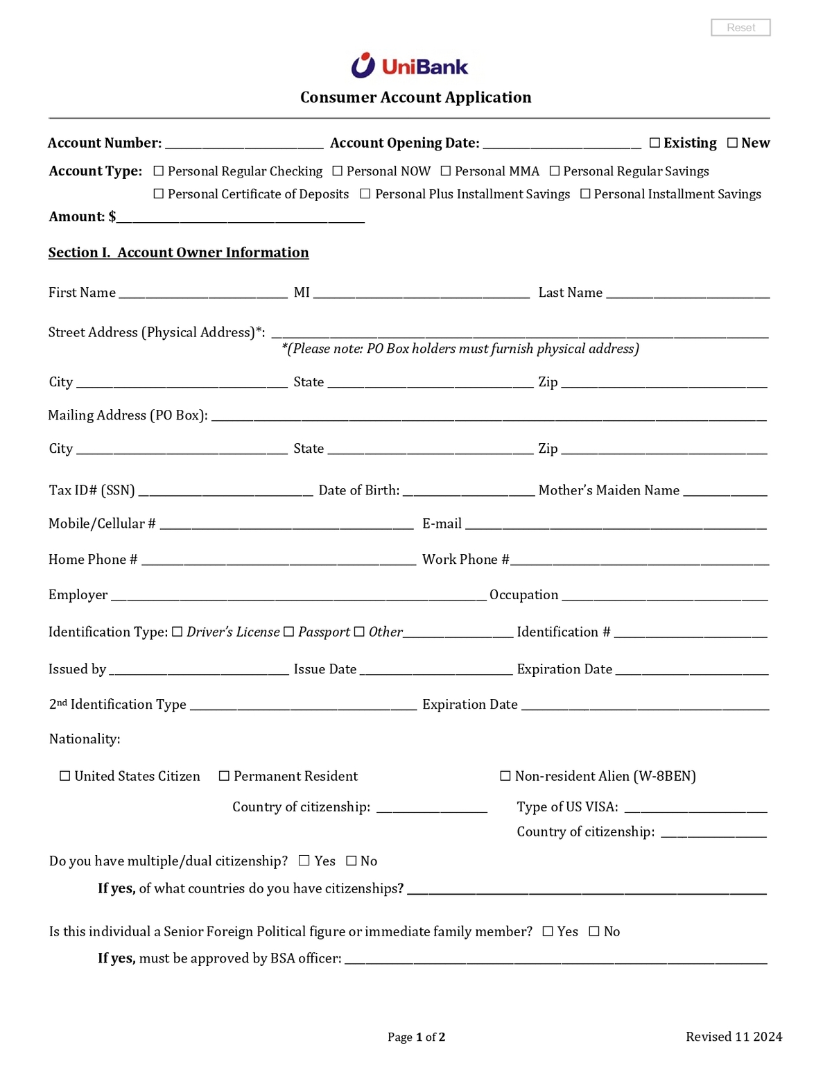 UniBank - Personal Banking Application Form in PDF Download_page-0001