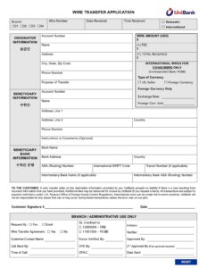 UniBank - Wire Transfer Application Form in PDF Download