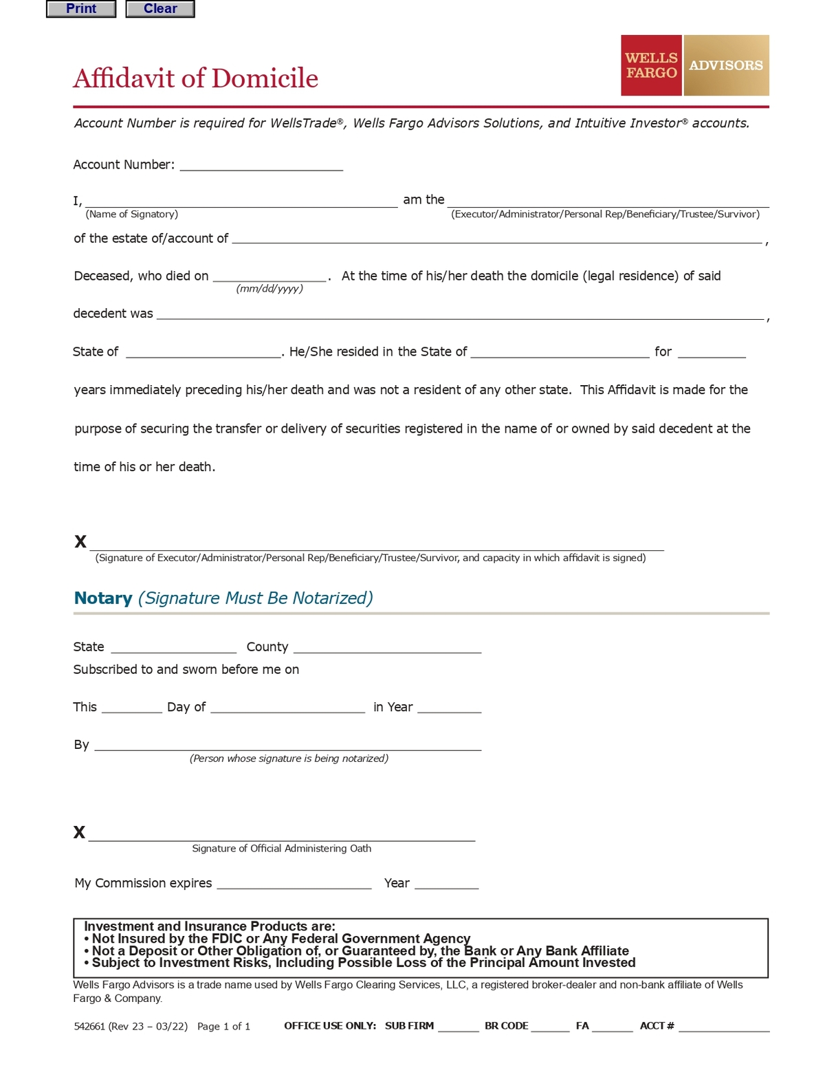 Wells Fargo - Affidavit of Domicile Application Form in PDF Download