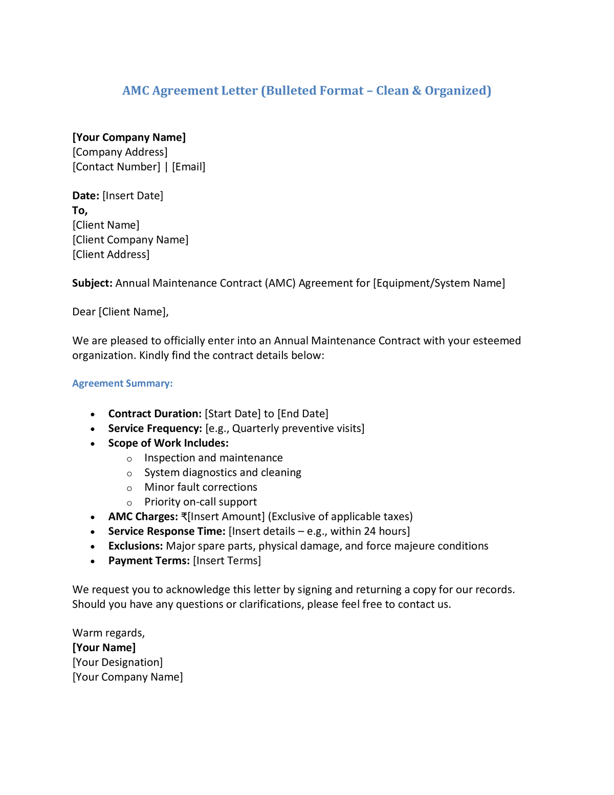 AMC Agreement Letter (Bulleted Format – Clean & Organized)