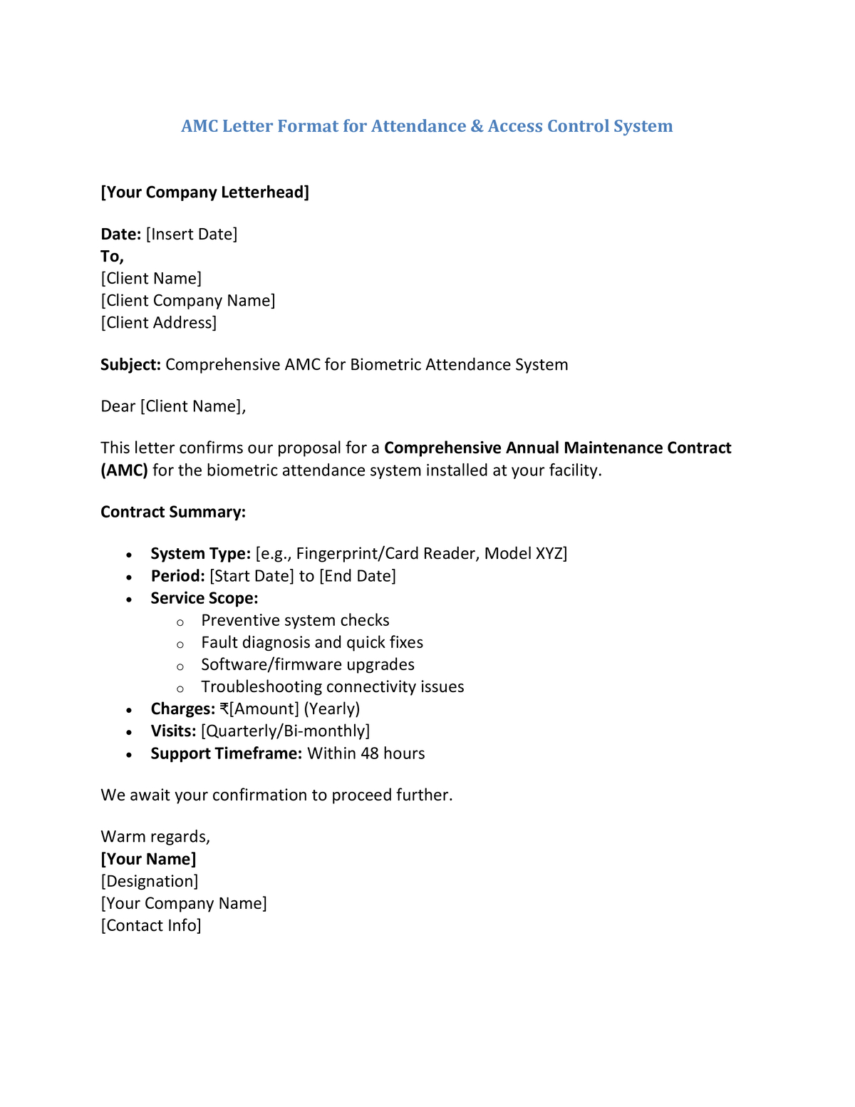 AMC Letter Format for Attendance & Access Control System
