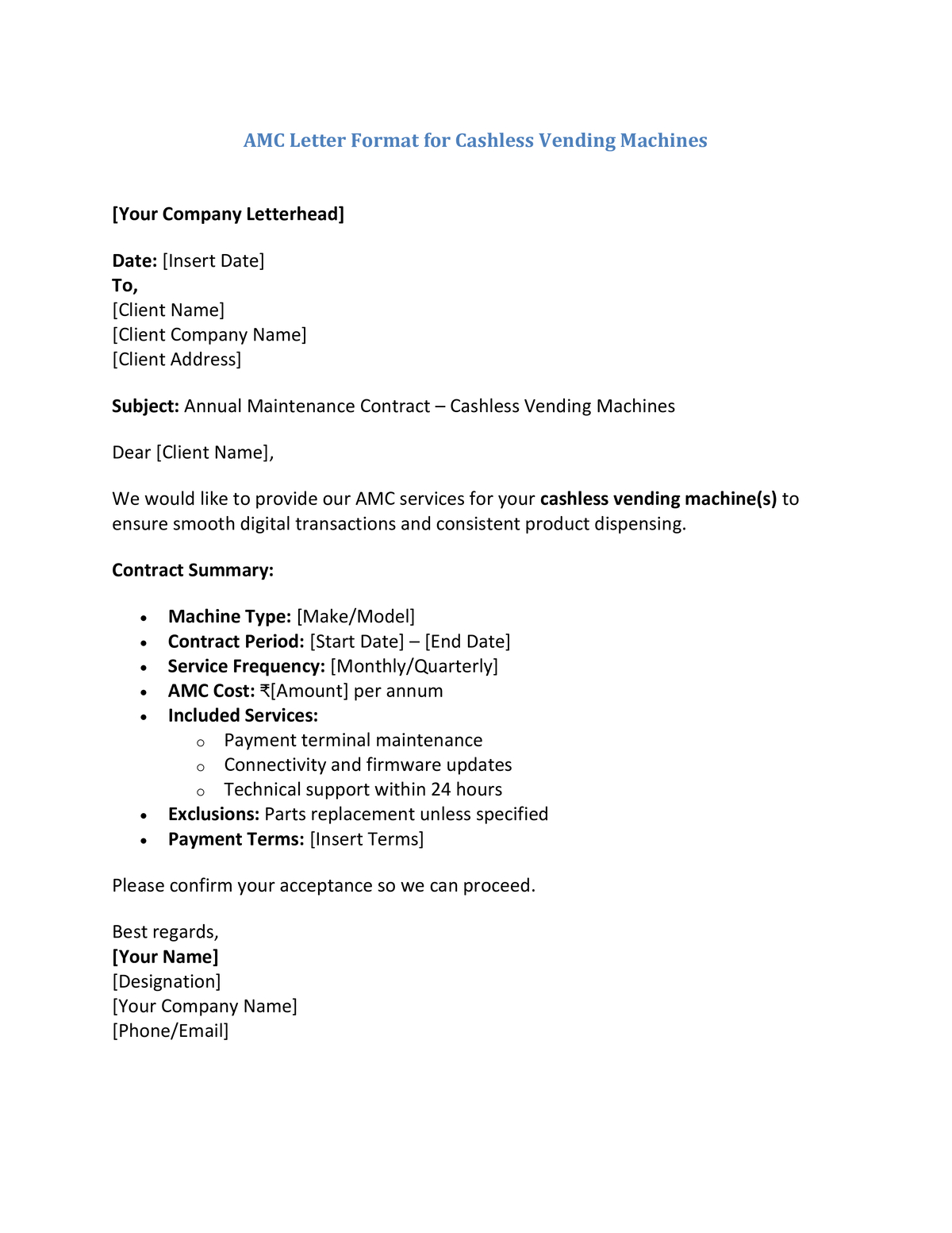 AMC Letter Format for Cashless Vending Machines