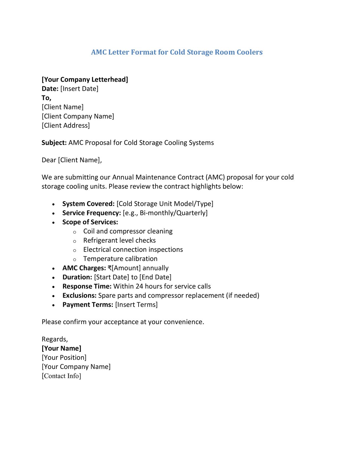 AMC Letter Format for Cold Storage Room Coolers