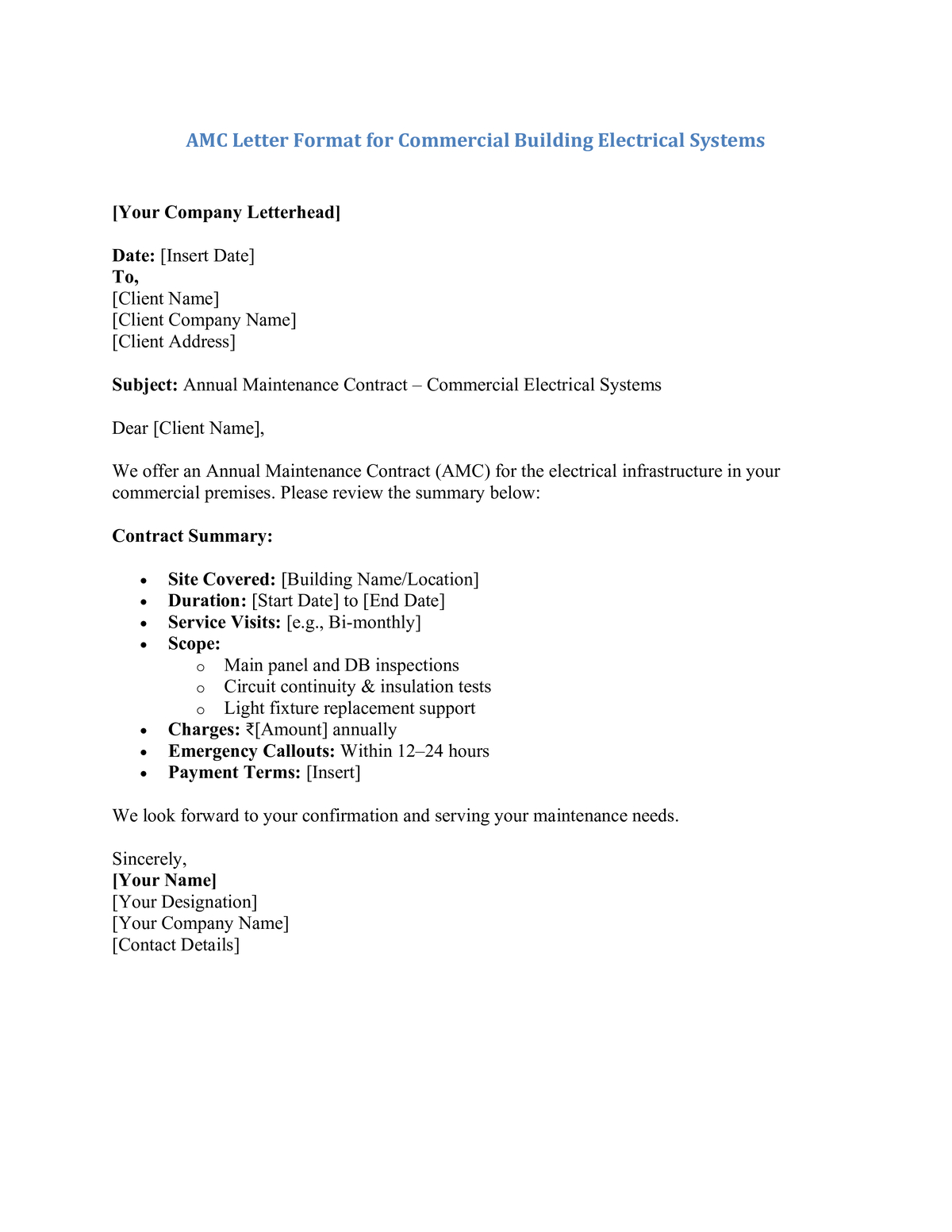 AMC Letter Format for Commercial Building Electrical Systems