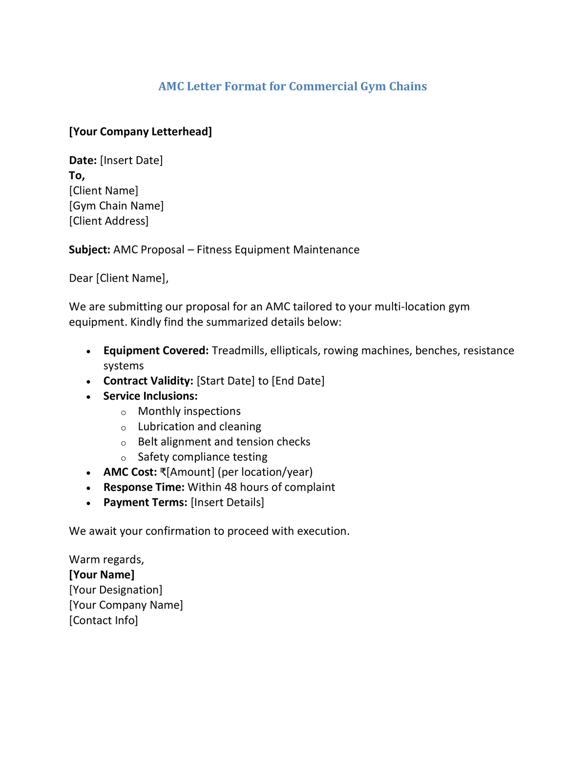 AMC Letter Format for Commercial Gym Chains