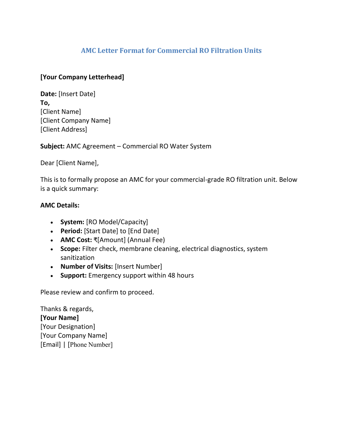 AMC Letter Format for Commercial RO Filtration Units