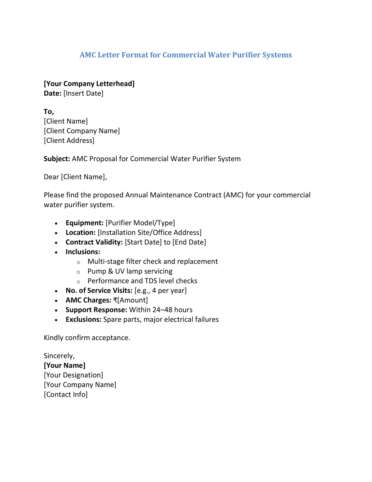AMC Letter Format for Commercial Water Purifier Systems