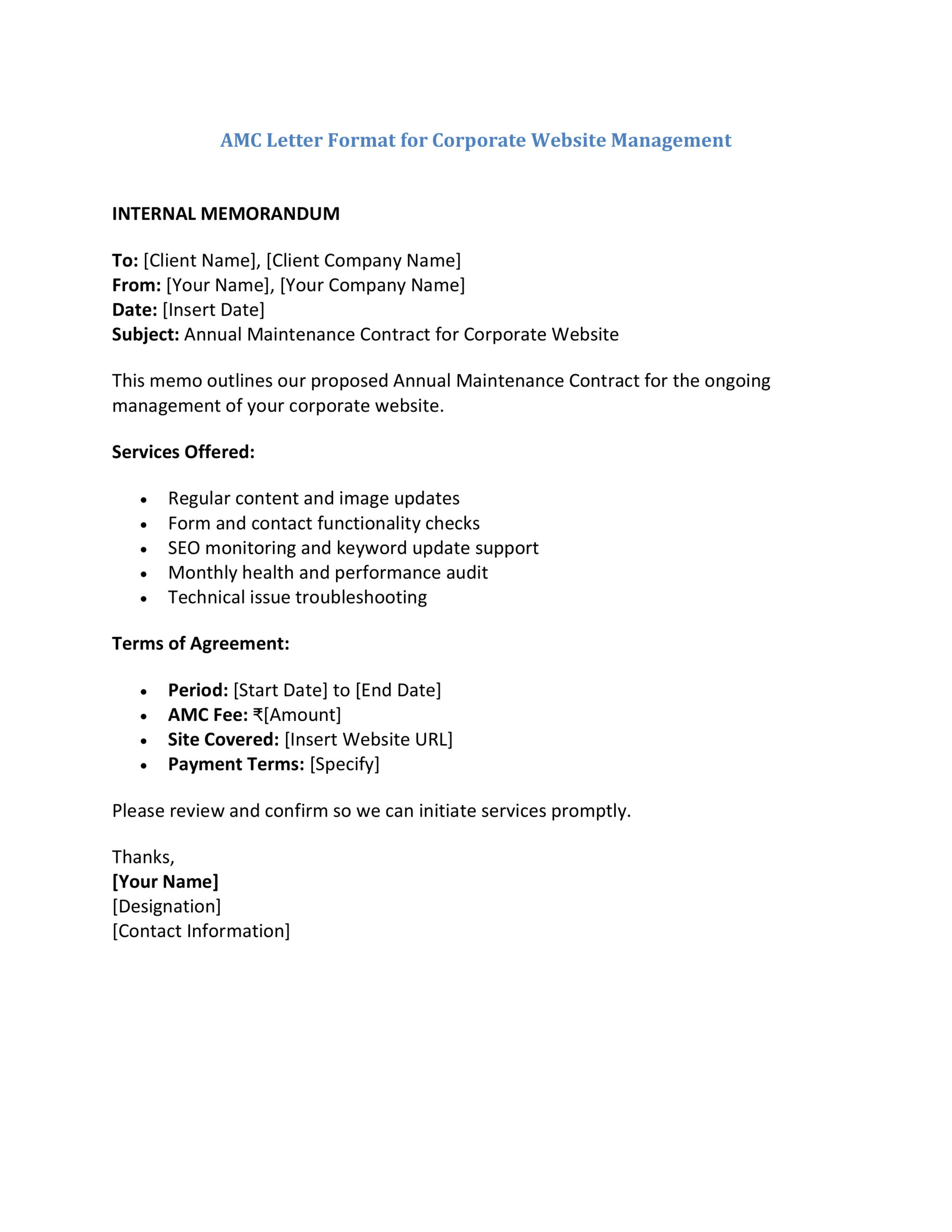 AMC Letter Format for Corporate Website Management
