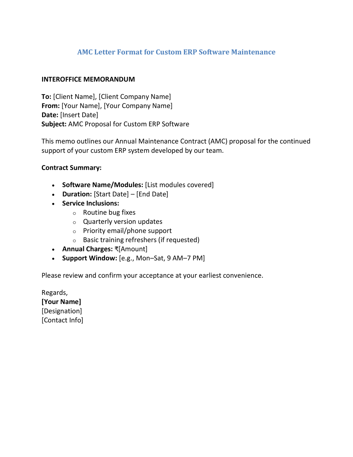 AMC Letter Format for Custom ERP Software Maintenance
