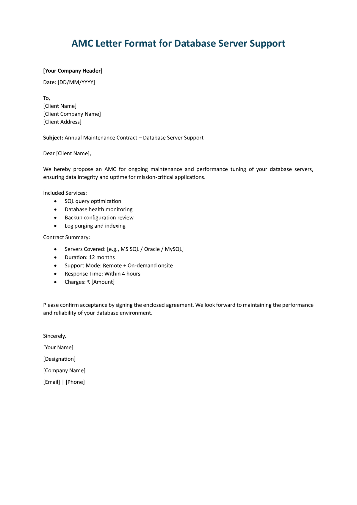 AMC Letter Format for Database Server Support