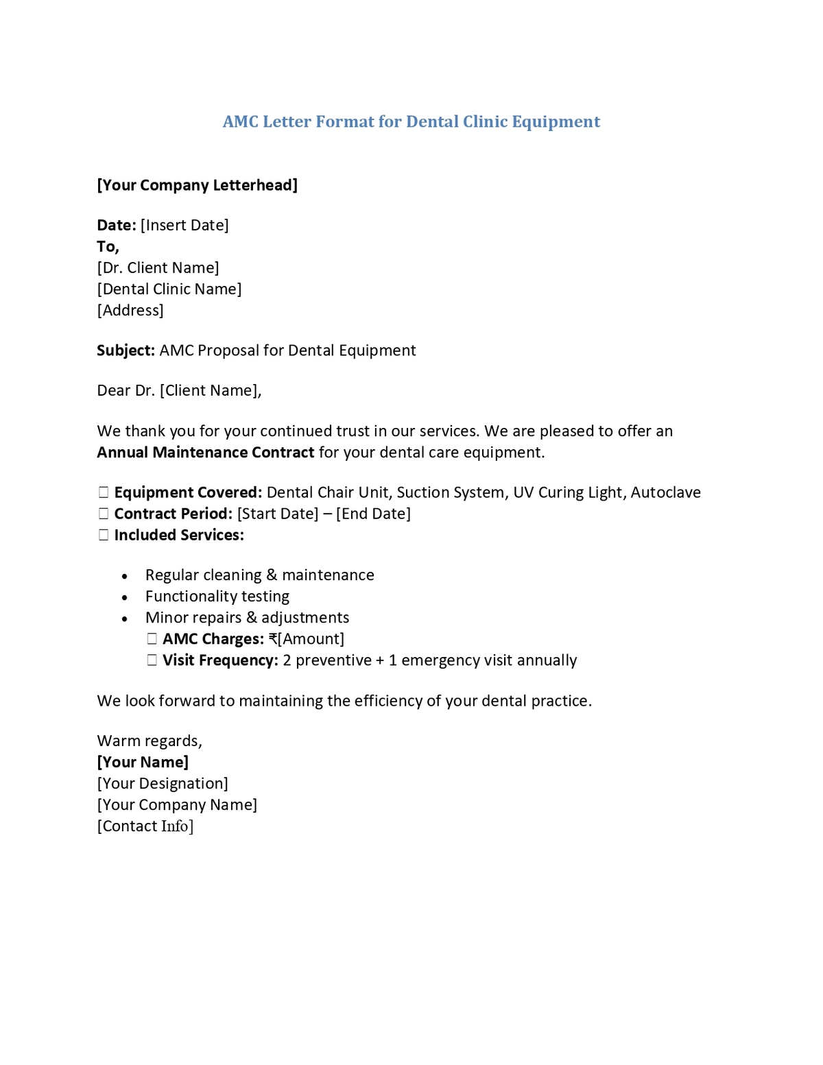 AMC Letter Format for Dental Clinic Equipment