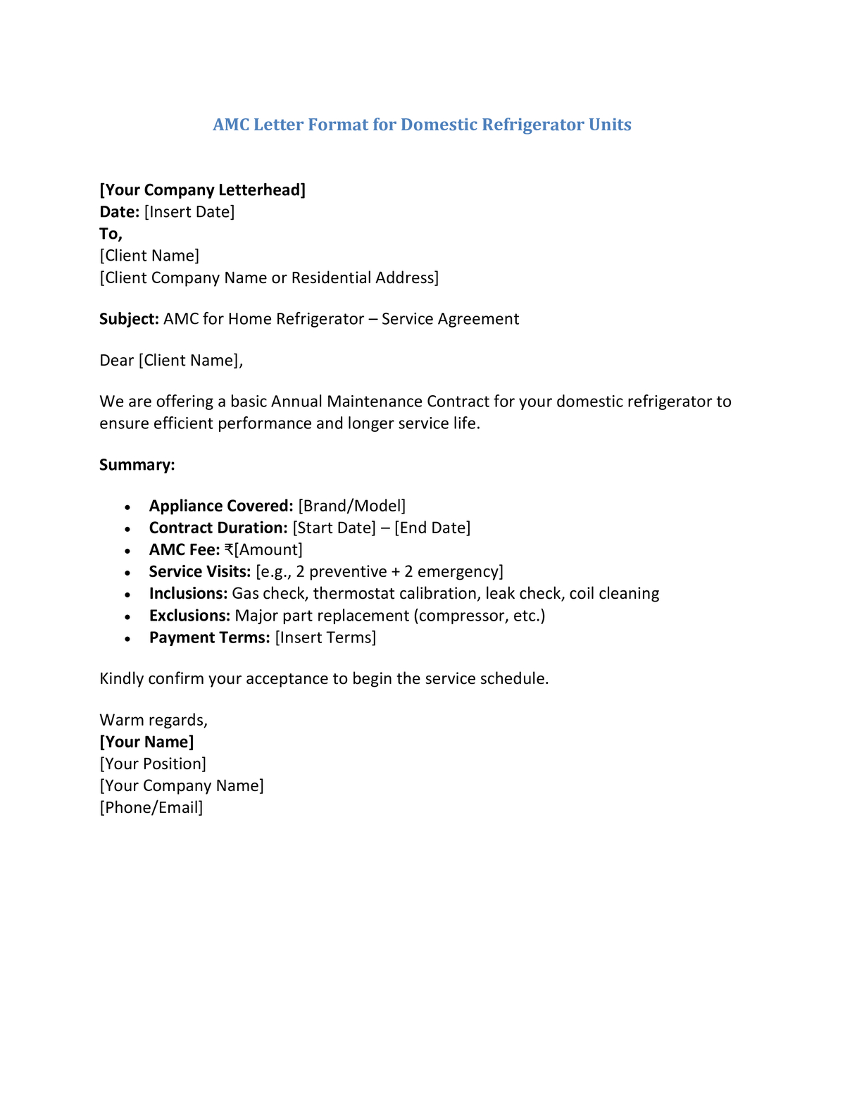 AMC Letter Format for Domestic Refrigerator Units