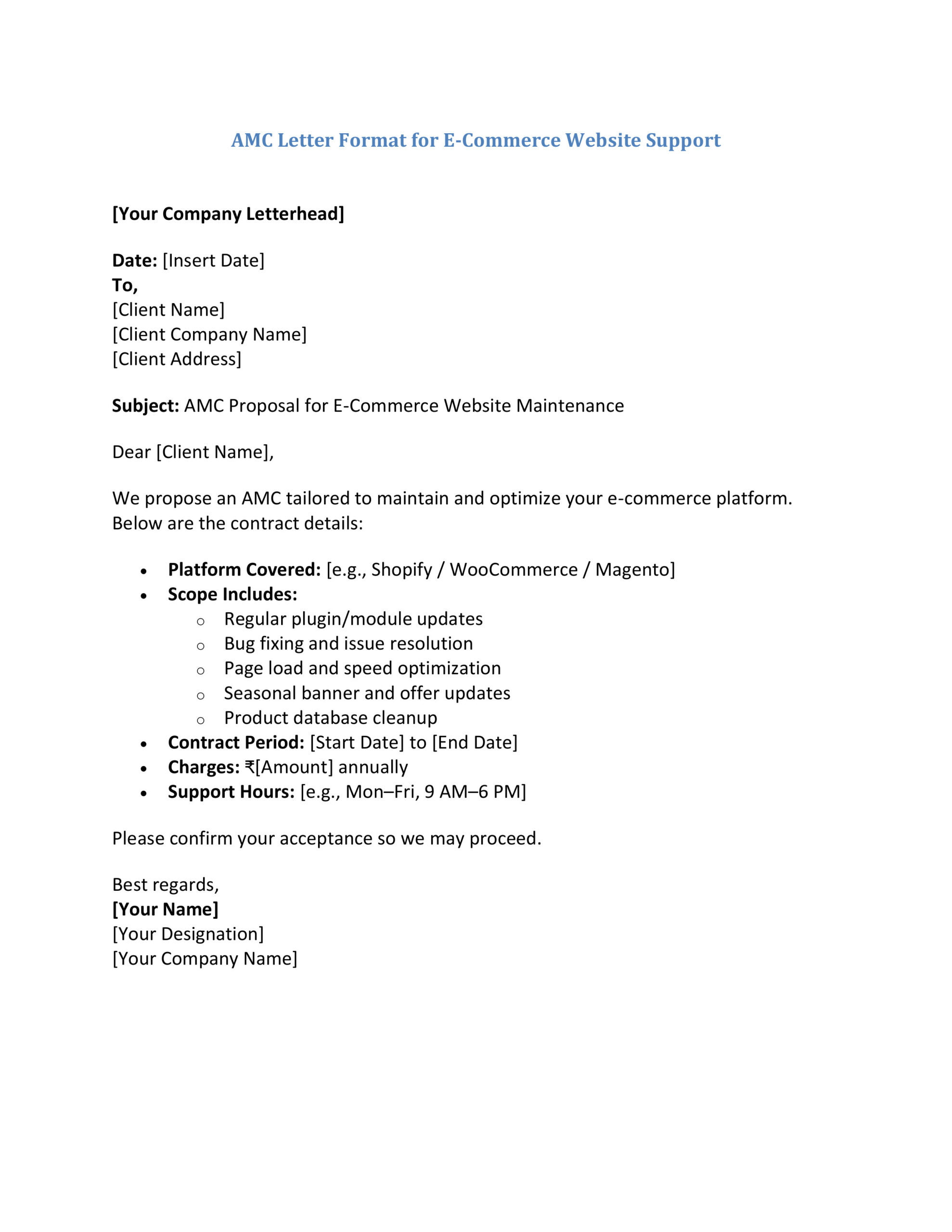AMC Letter Format for E-Commerce Website Support