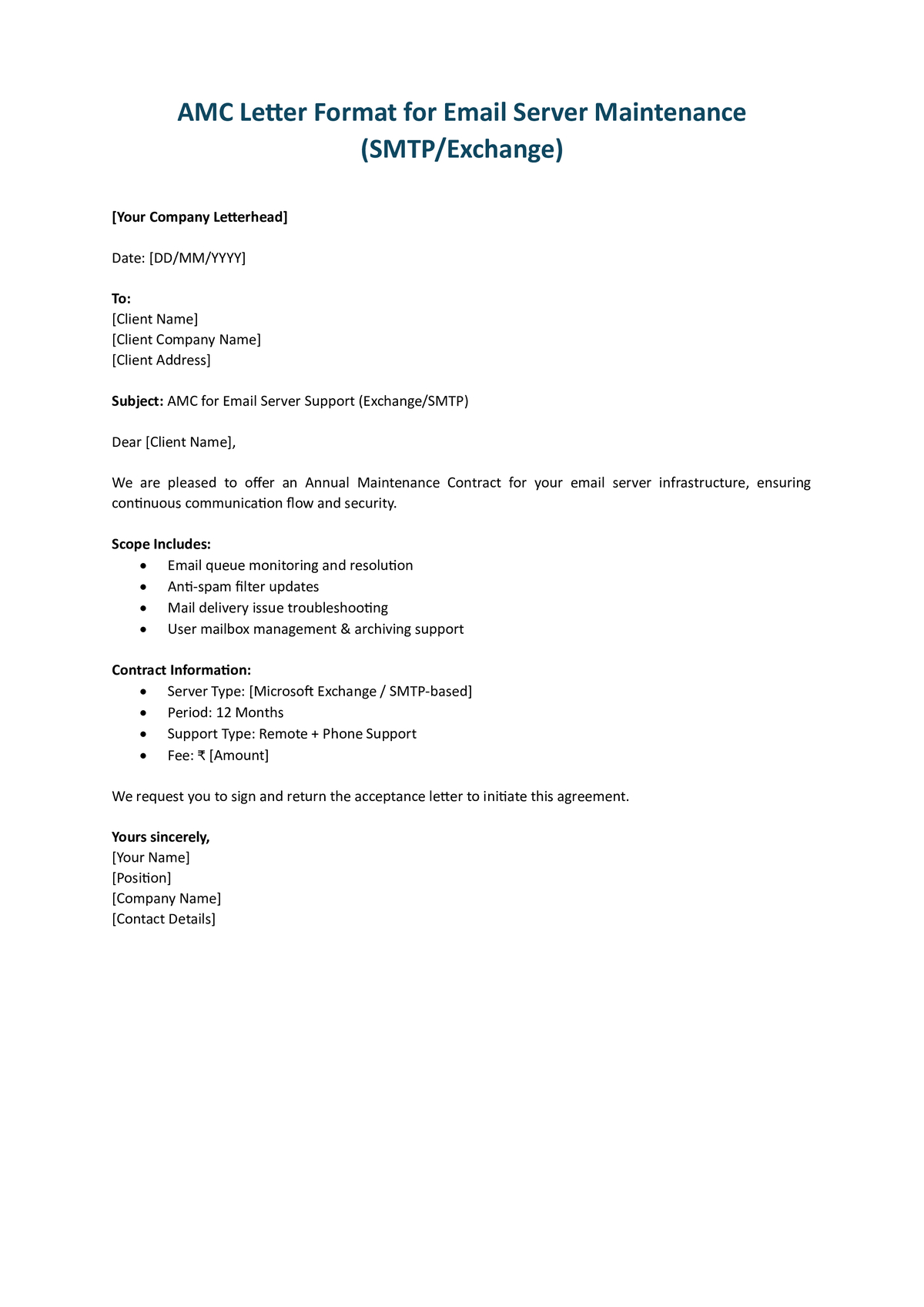 AMC Letter Format for Email Server Maintenance