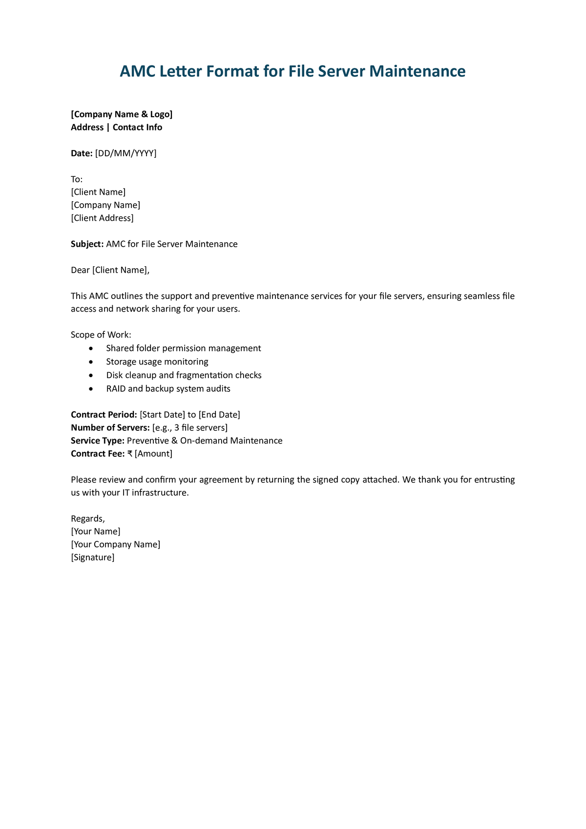 AMC Letter Format for File Server Maintenance