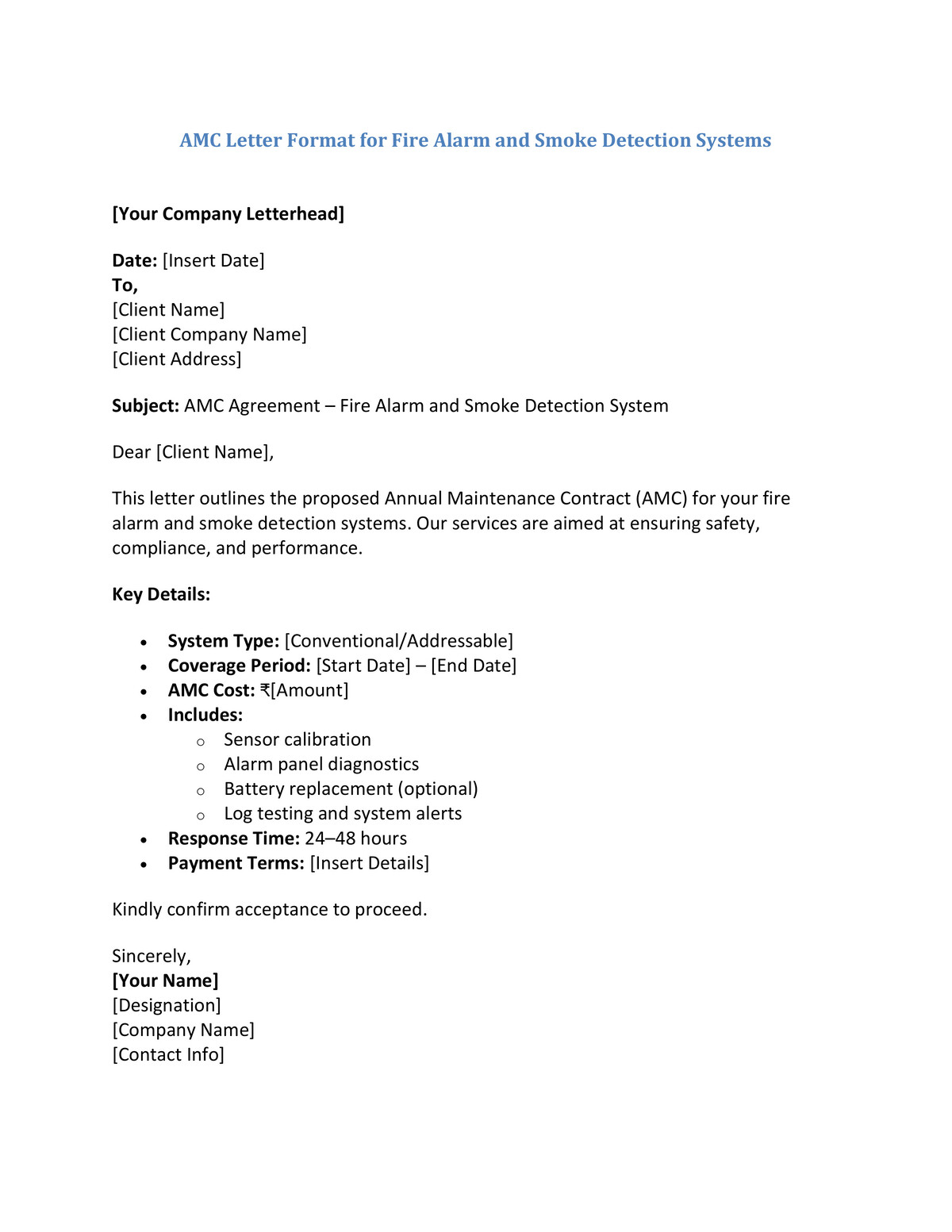 AMC Letter Format for Fire Alarm and Smoke Detection Systems