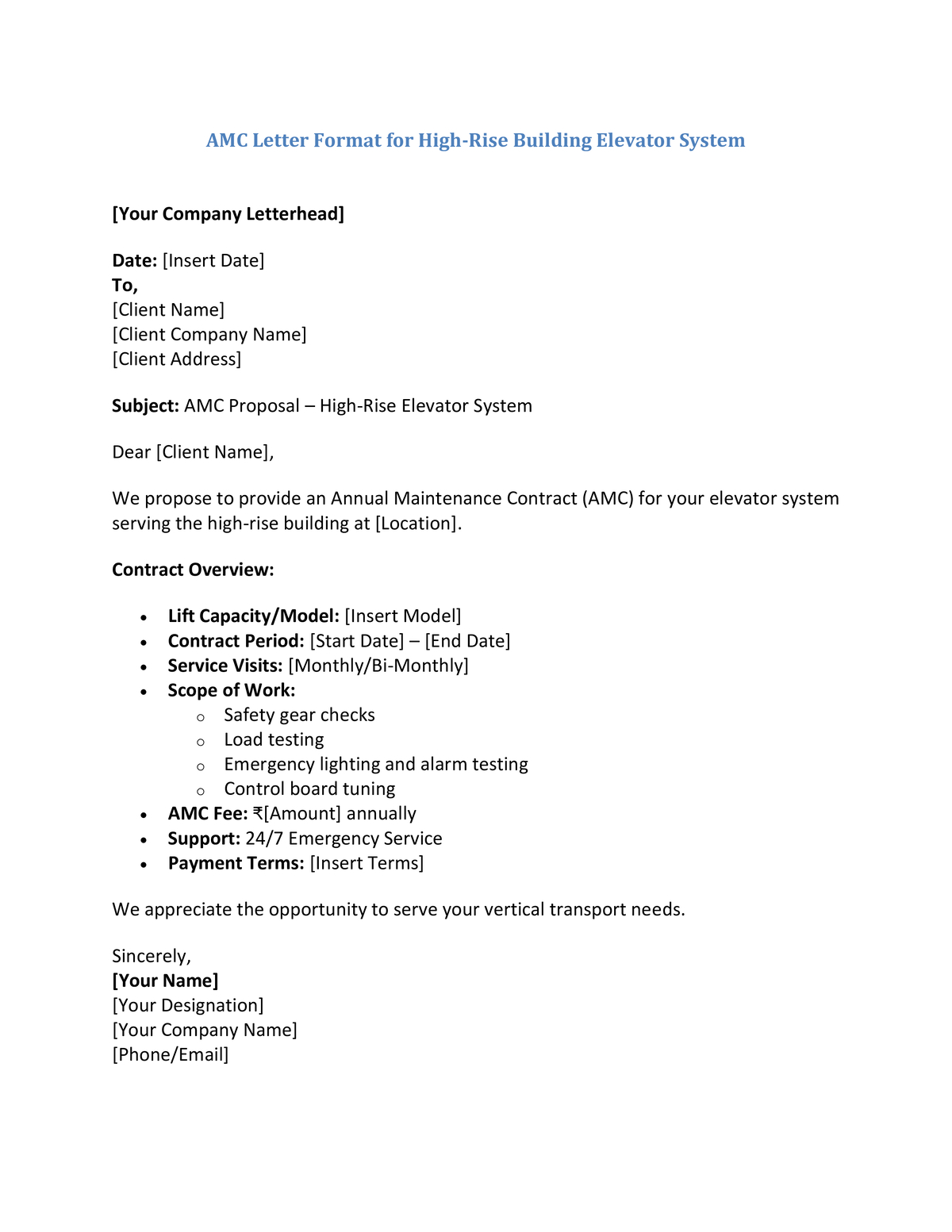 AMC Letter Format for High-Rise Building Elevator System