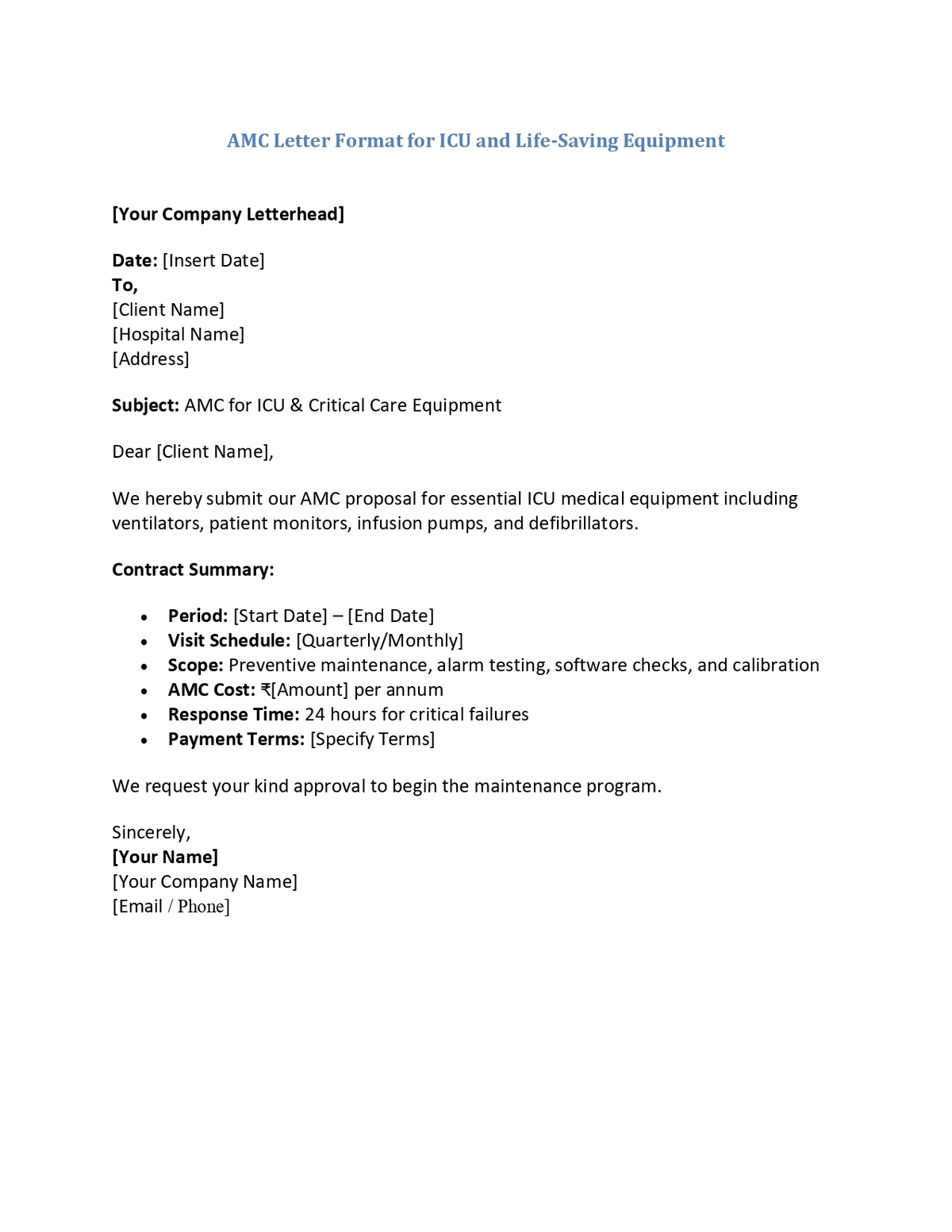 AMC Letter Format for ICU and Life-Saving Equipment