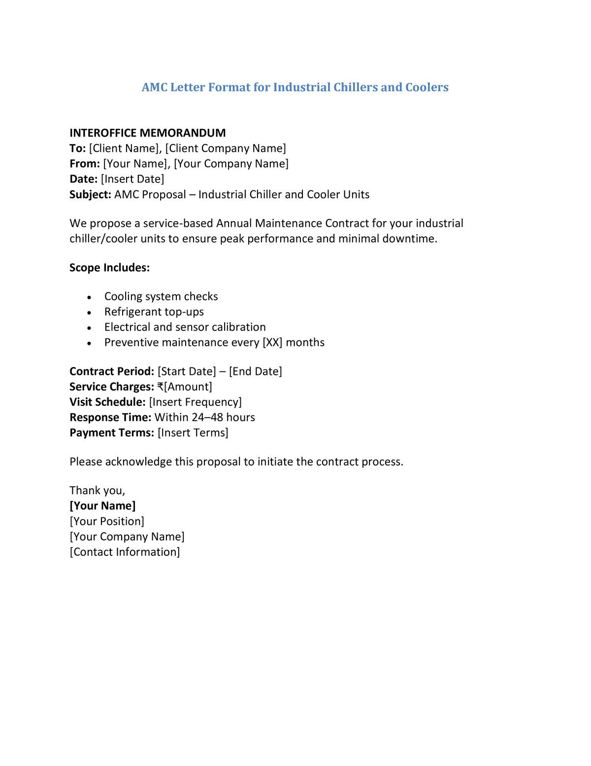 AMC Letter Format for Industrial Chillers and Coolers
