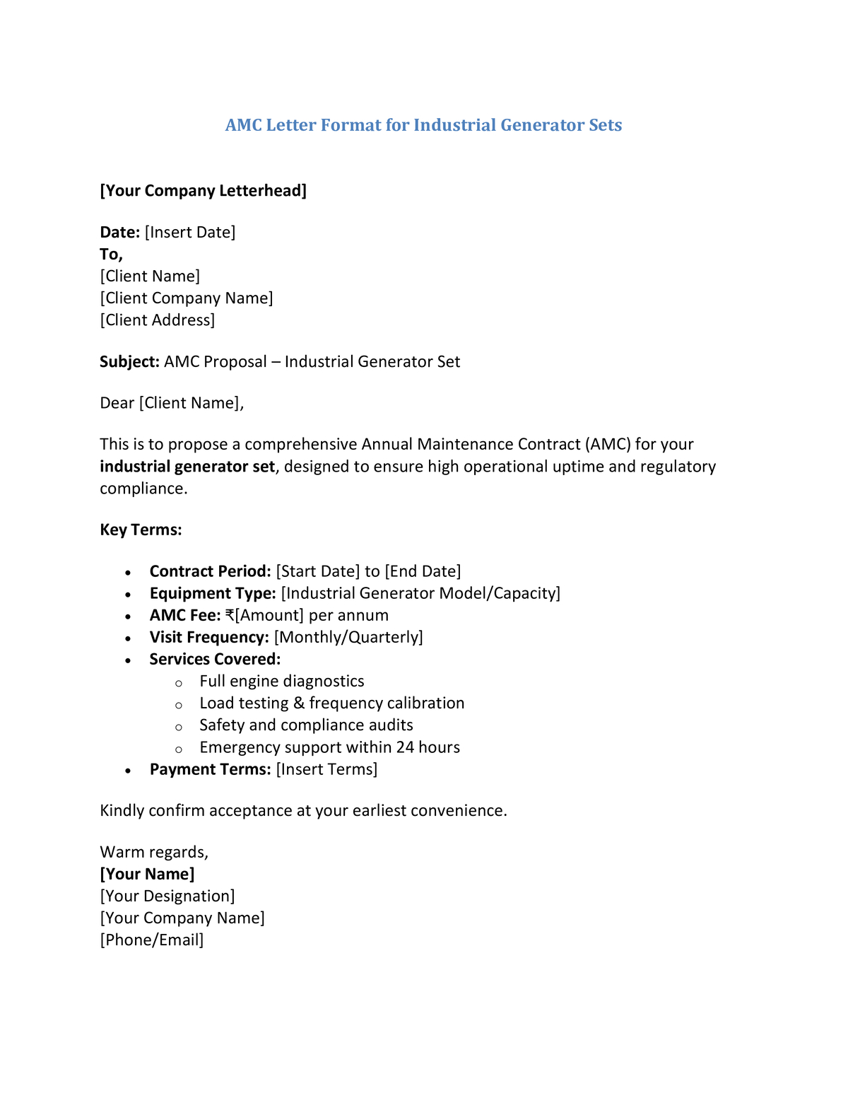 AMC Letter Format for Industrial Generator Sets