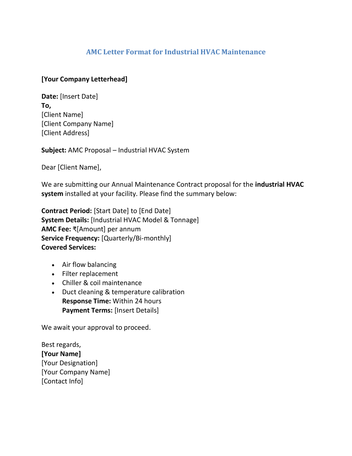 AMC Letter Format for Industrial HVAC Maintenance