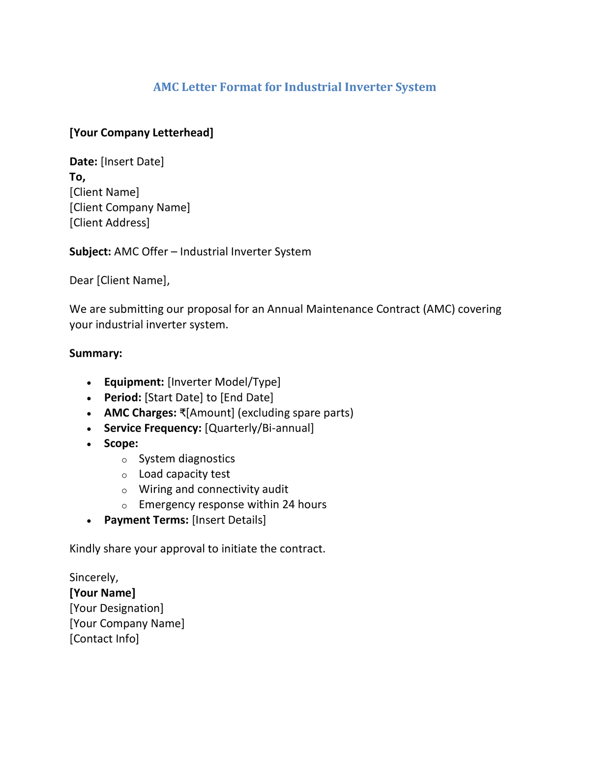 AMC Letter Format for Industrial Inverter System
