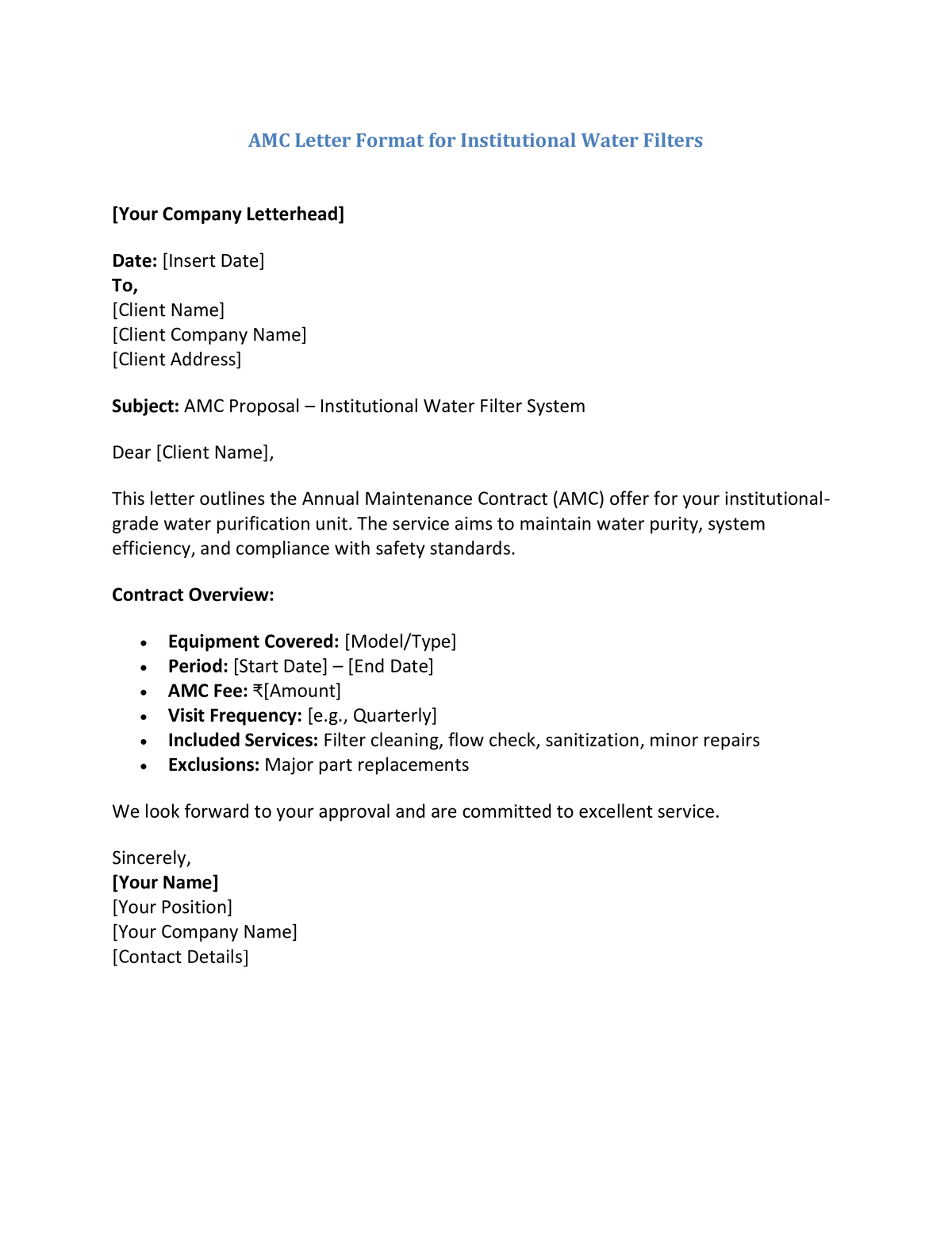 AMC Letter Format for Institutional Water Filters