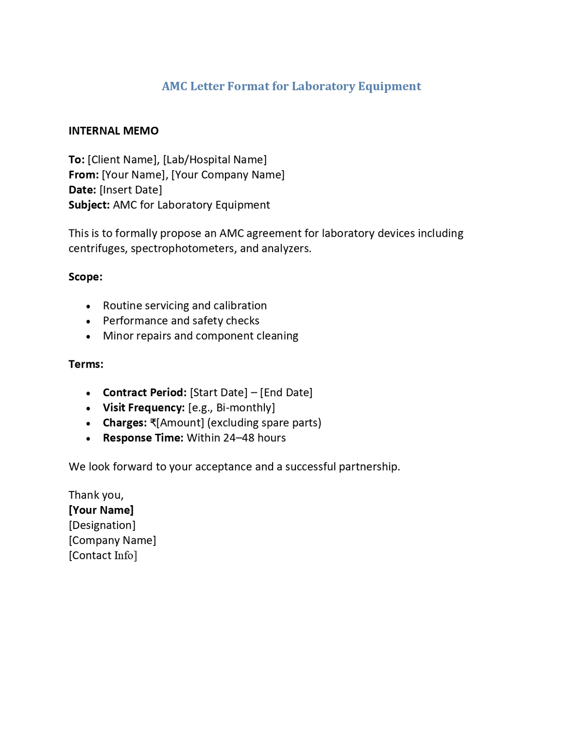AMC Letter Format for Laboratory Equipment