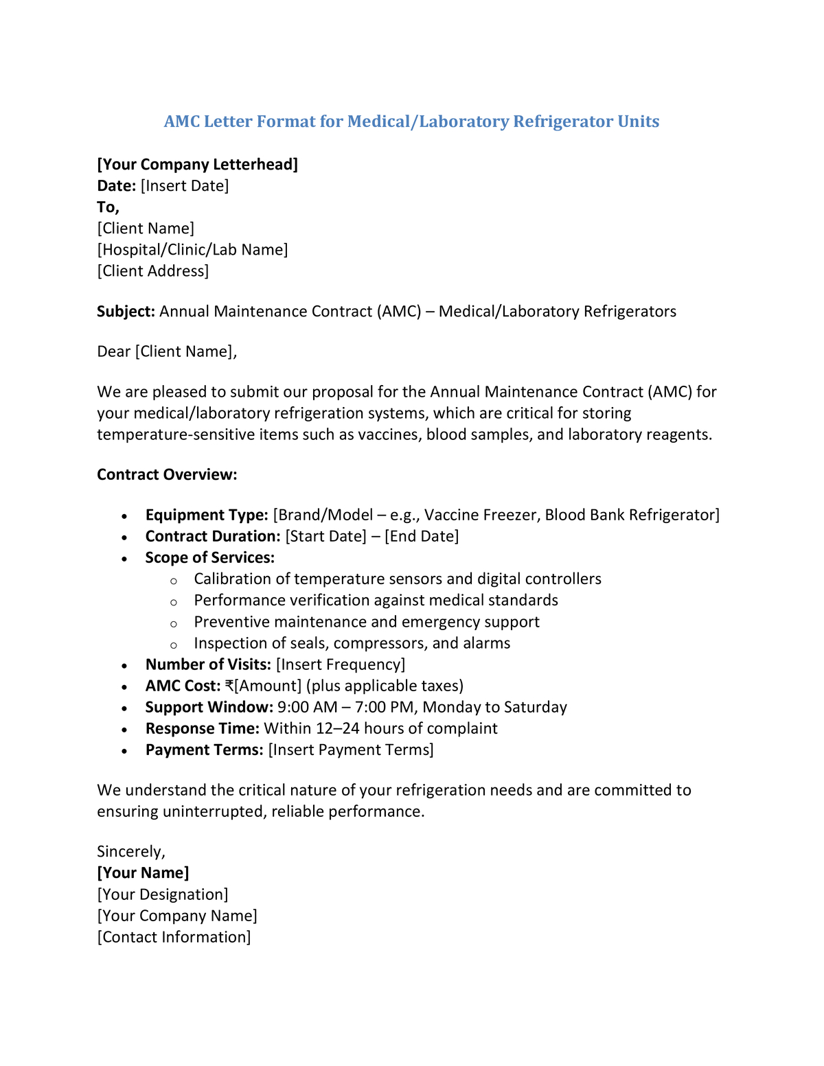 AMC Letter Format for Laboratory Refrigerator Units