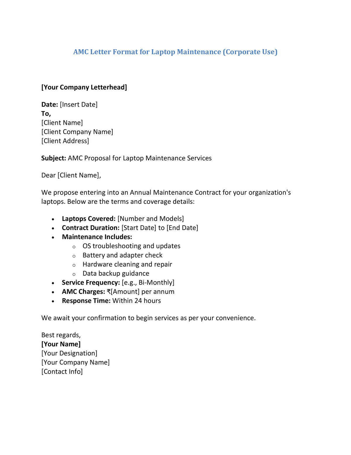AMC Letter Format for Laptop Maintenance (Corporate Use)