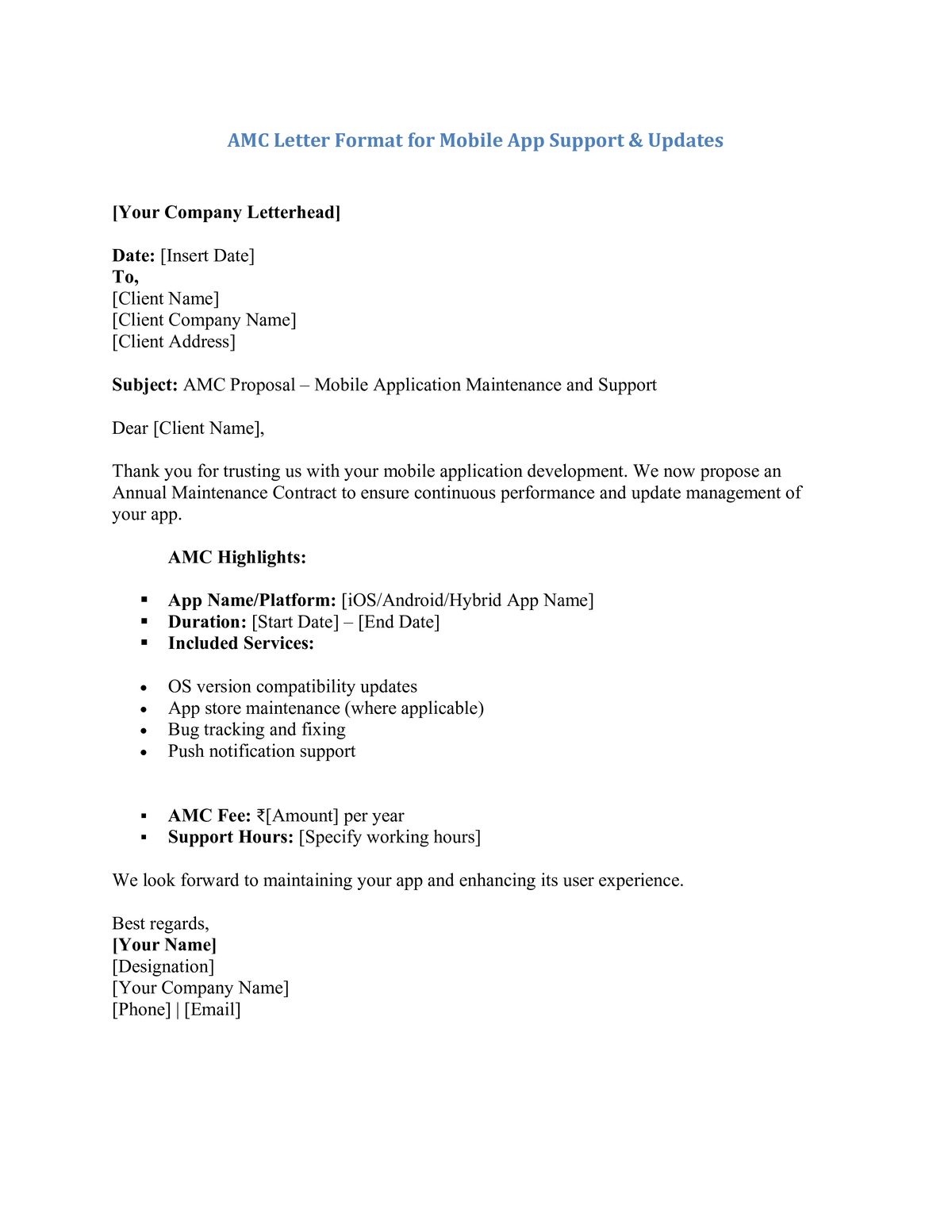 AMC Letter Format for Mobile App Support & Updates