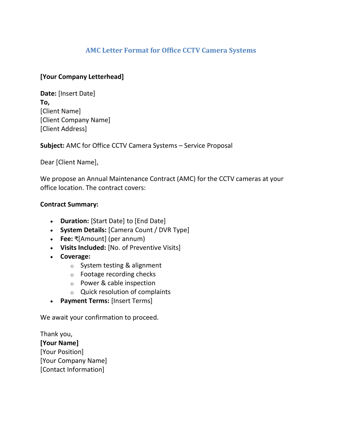 AMC Letter Format for Office CCTV Camera Systems