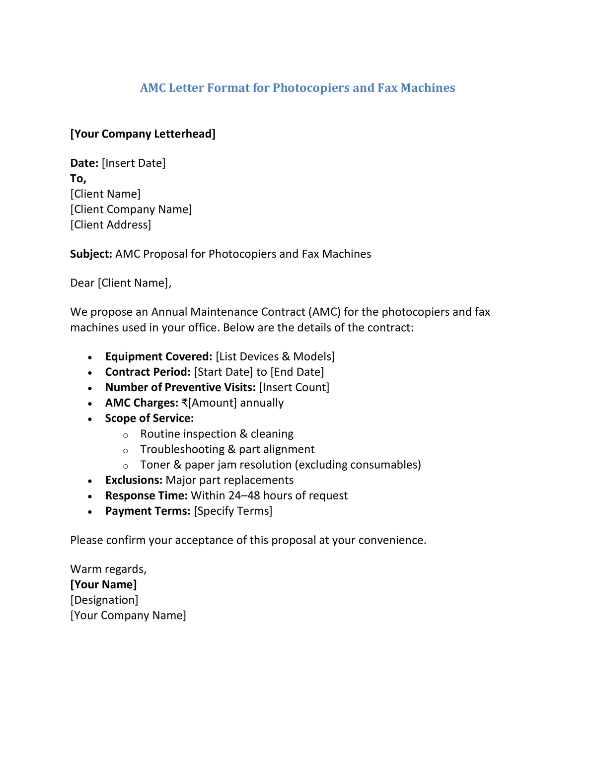 AMC Letter Format for Photocopiers and Fax Machines