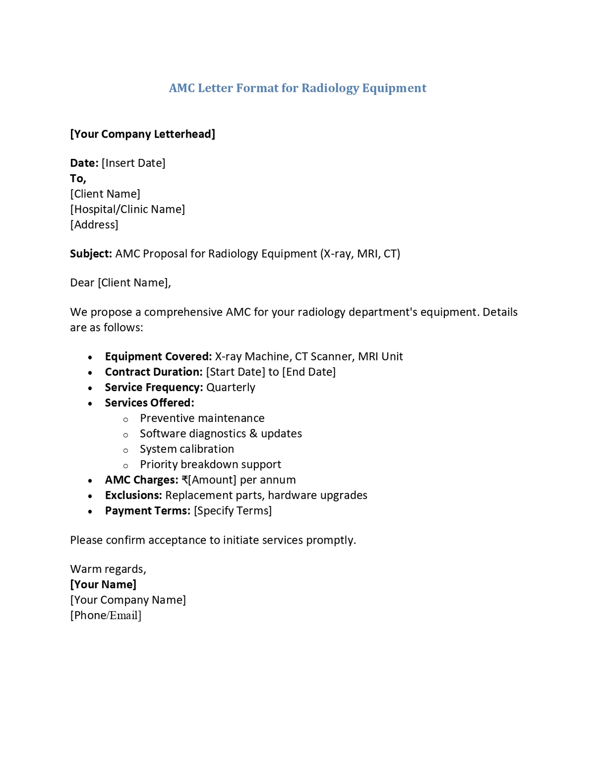 AMC Letter Format for Radiology Equipment