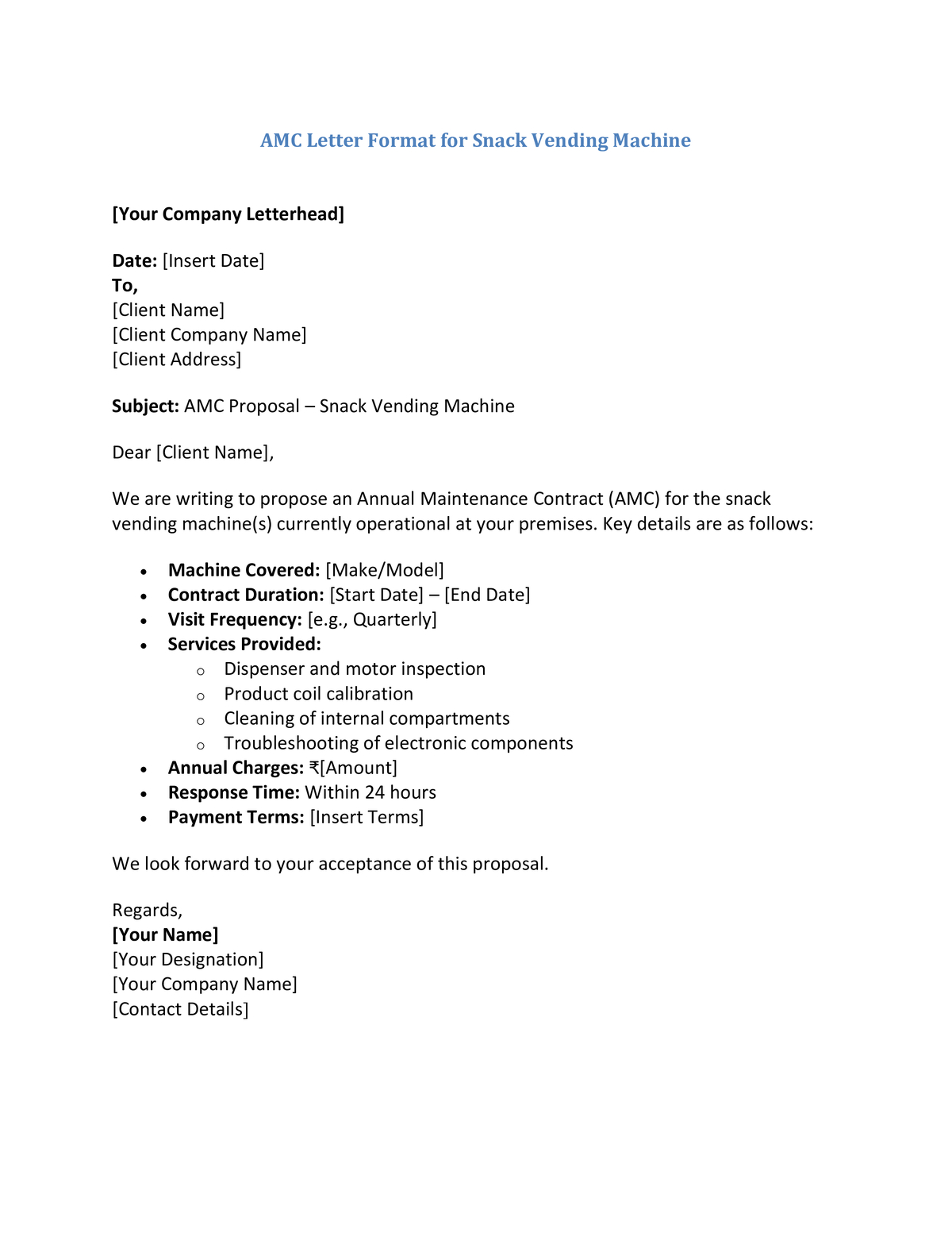 AMC Letter Format for Snack Vending Machine