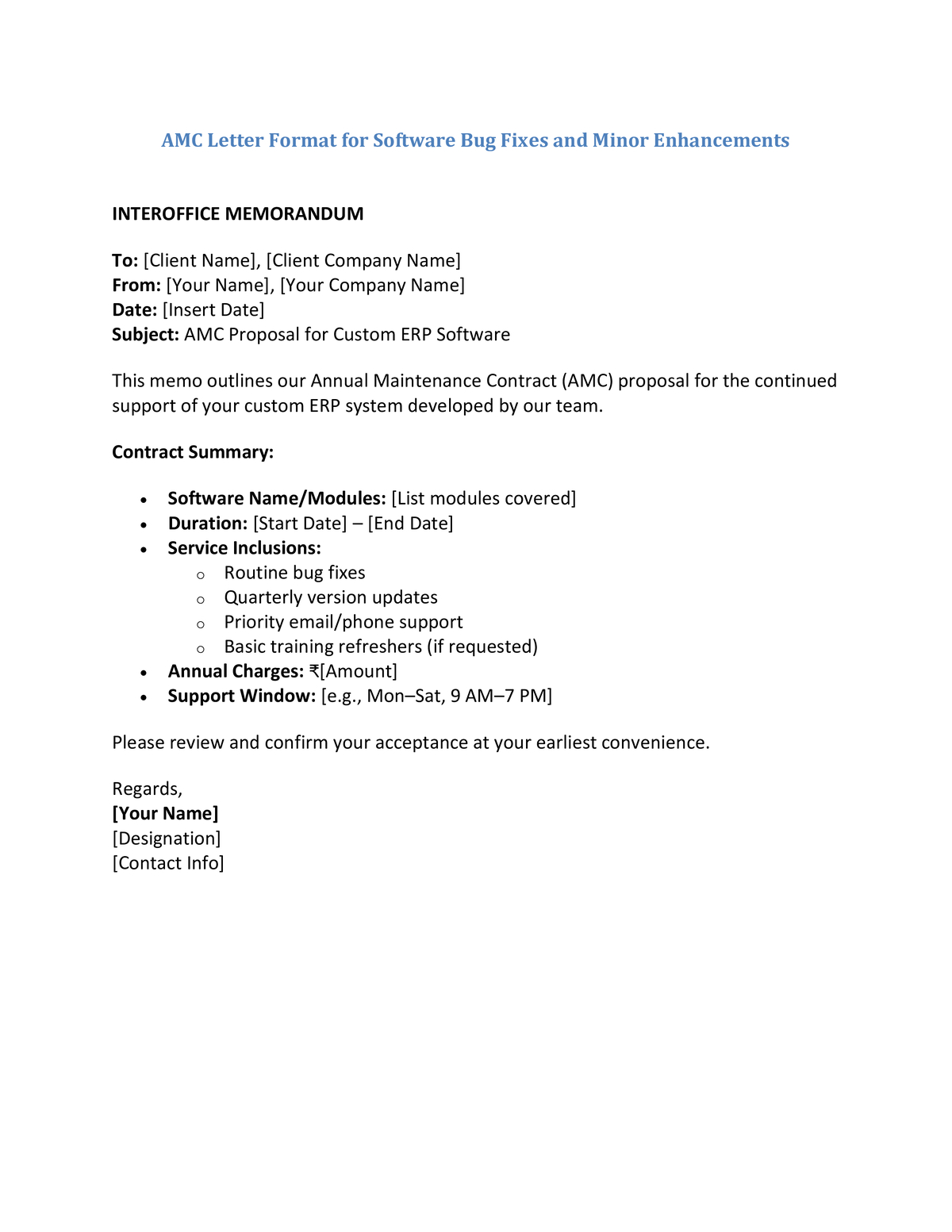 AMC Letter Format for Software Bug Fixes and Minor Enhancements